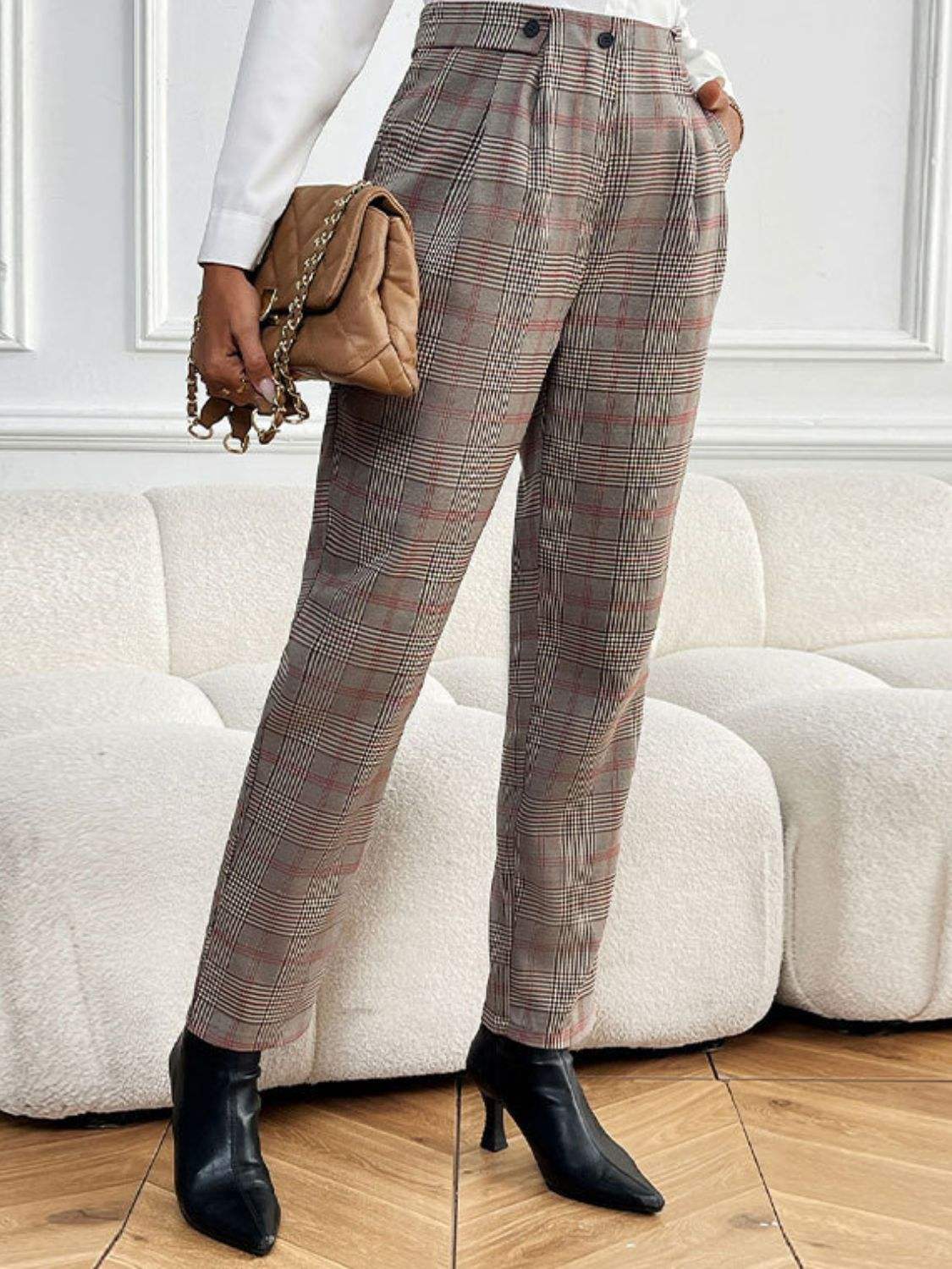 Perfee Plaid Straight Pants with Pockets - Trendsi - Flyclothing LLC