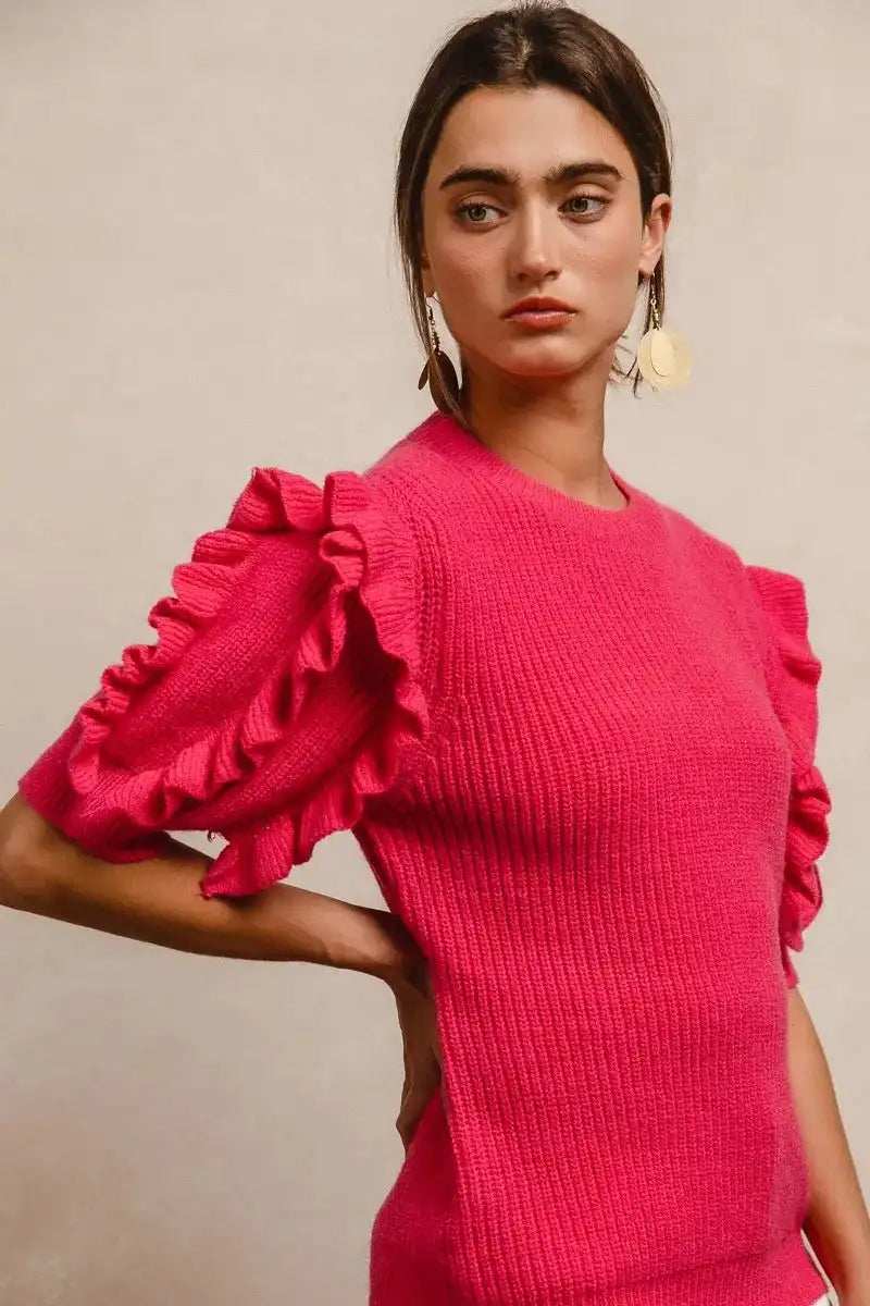BiBi Ruffle Sleeve Ribbed Sweater - Trendsi - Flyclothing LLC