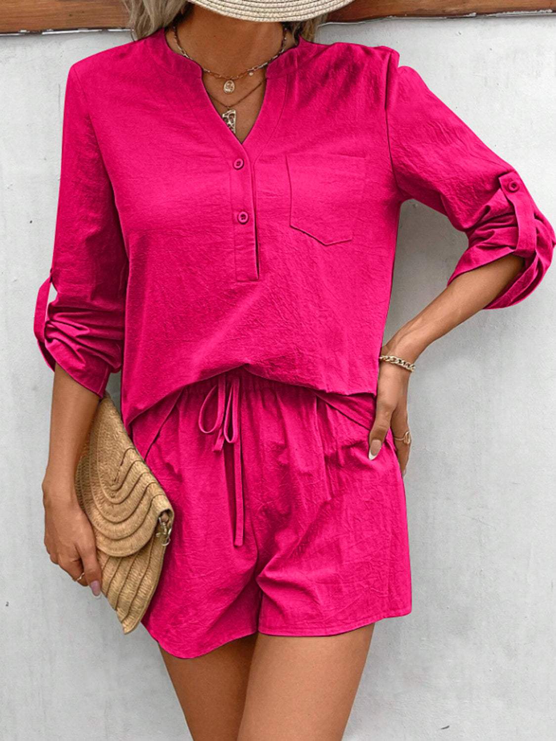 Notched Long Sleeve Top and Shorts Set - Trendsi - Flyclothing LLC