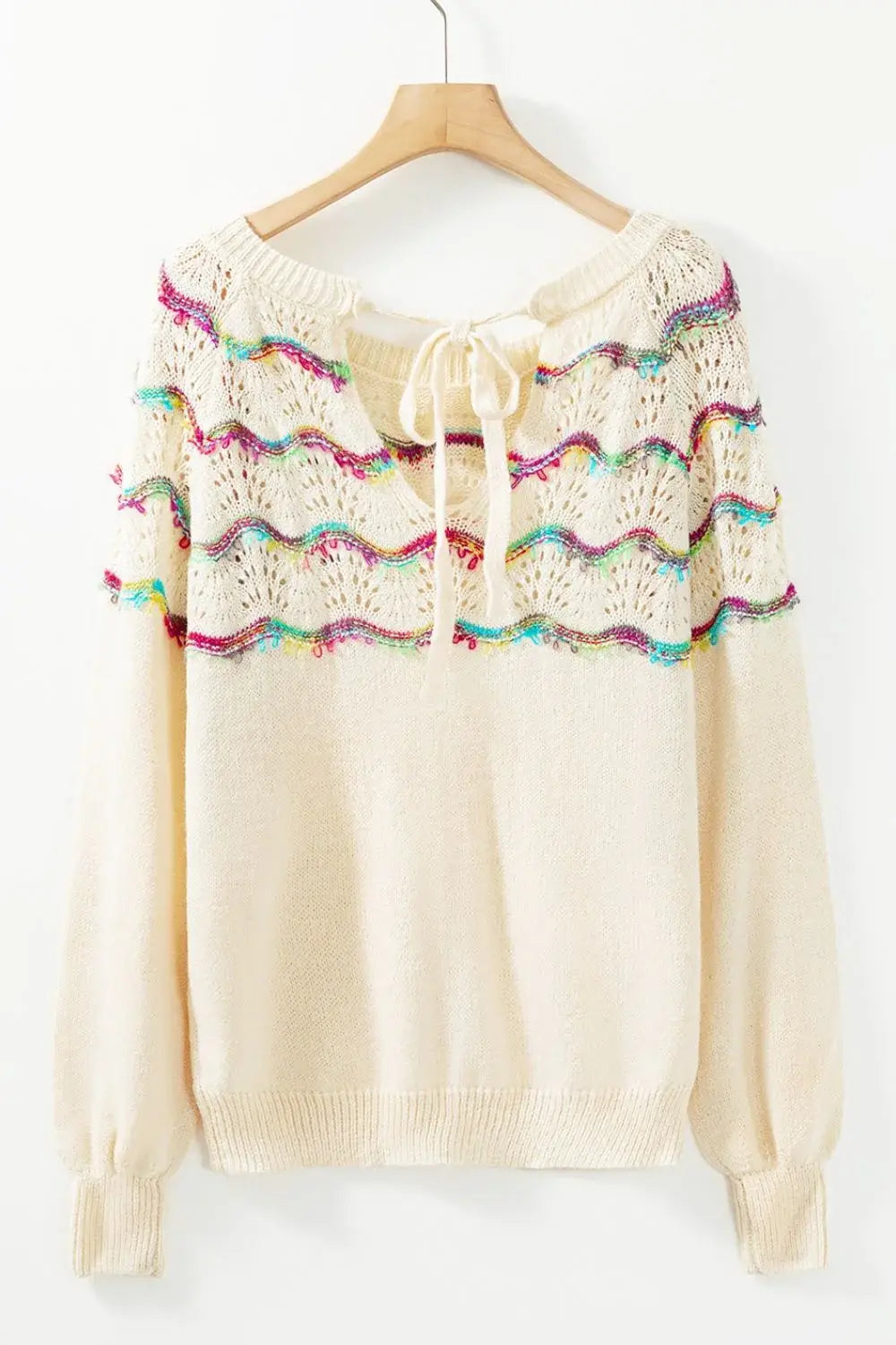 Openwork Wavy Striped Round Neck Sweater - Trendsi - Flyclothing LLC