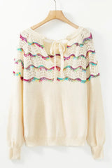 Openwork Wavy Striped Round Neck Sweater - Trendsi - Flyclothing LLC