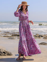 Printed Tie Neck Balloon Sleeve Maxi Dress - Trendsi