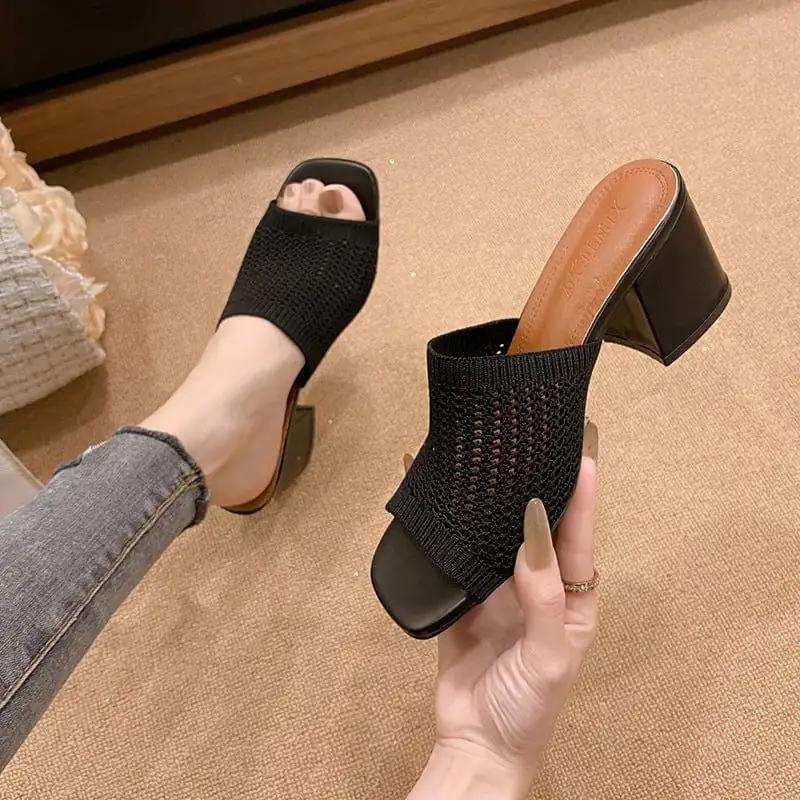 Block Heel Knit Sandals - Trendsi - Flyclothing LLC