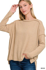 Zenana Ribbed Drop Shoulder Round Neck Sweater - Trendsi - Flyclothing LLC