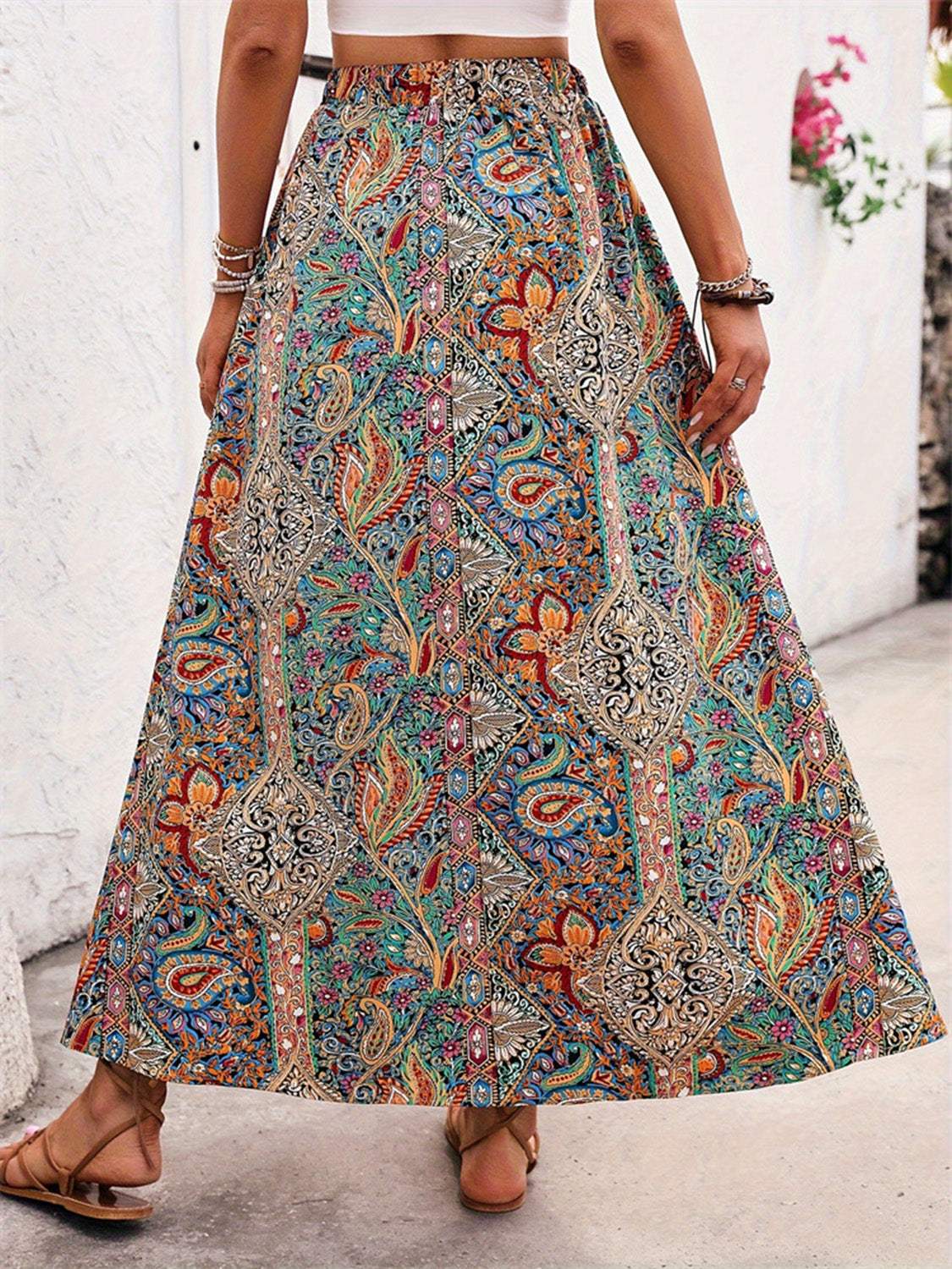 Slit Printed Elastic Waist Skirt - Trendsi - Flyclothing LLC