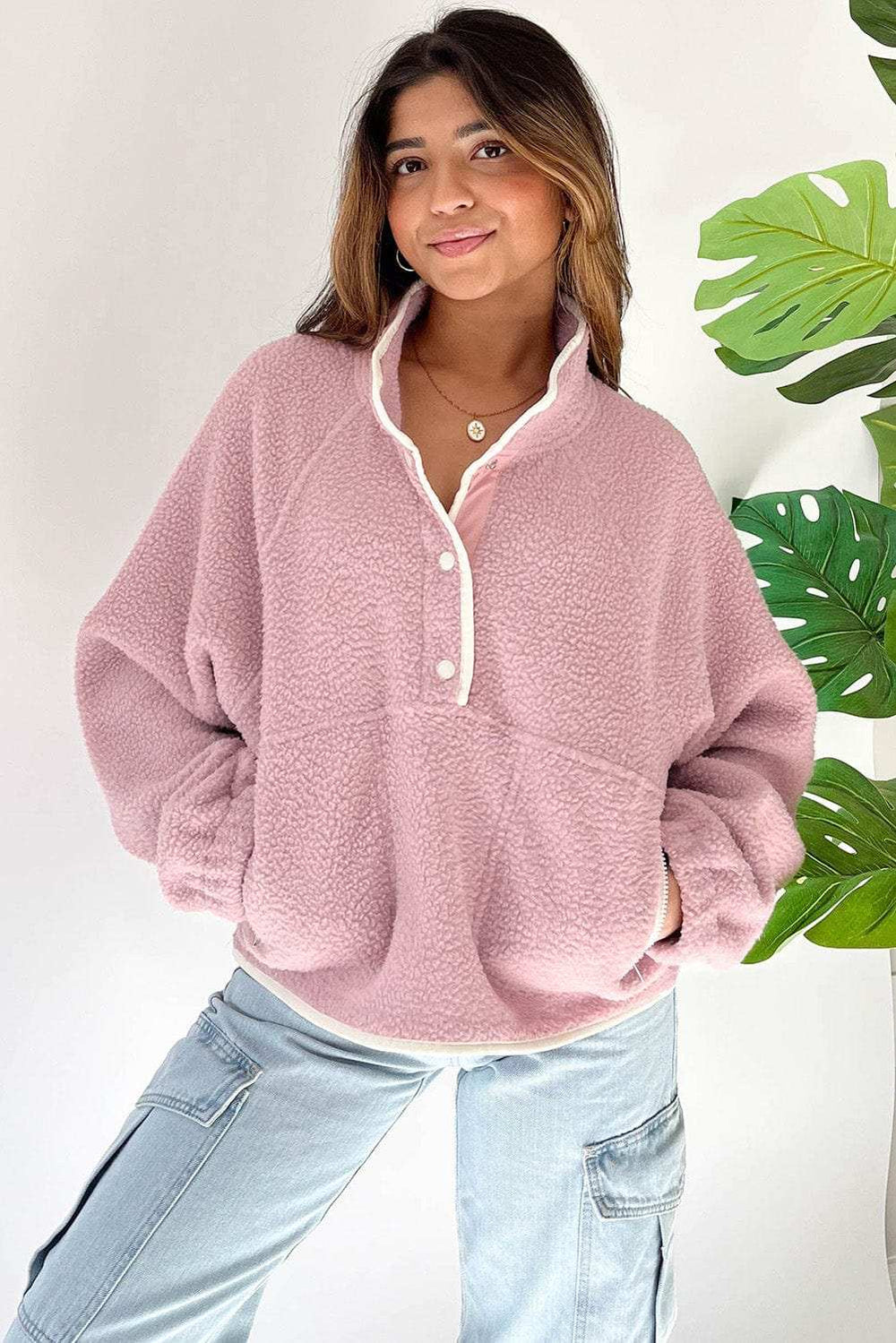 Half Snap Long Sleeve Sweatshirt with Side Slit Pockets - Trendsi - Flyclothing LLC