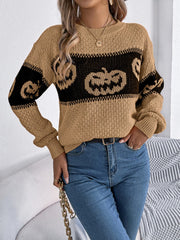Pumpkin Round Neck Long Sleeve Sweater - Trendsi