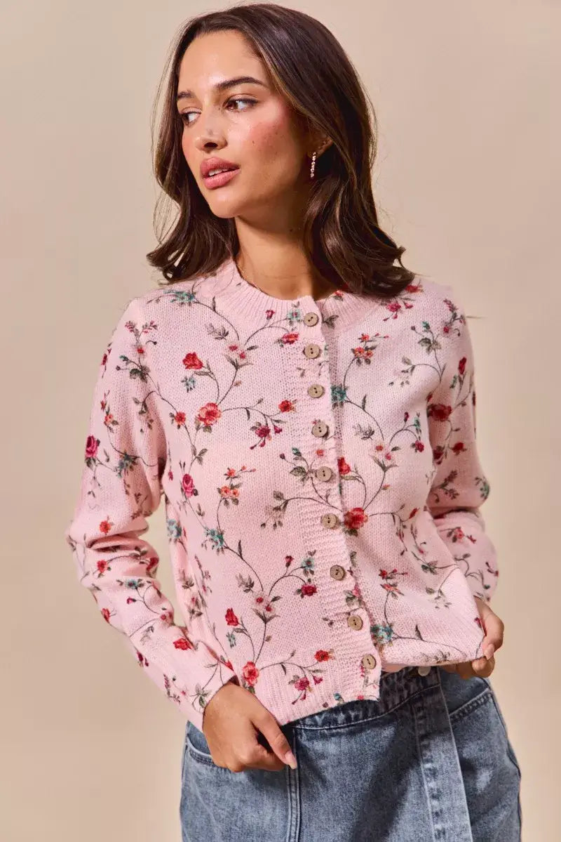 SO ME Floral Print Button Front Sweater Cardigan Top - Trendsi - Flyclothing LLC