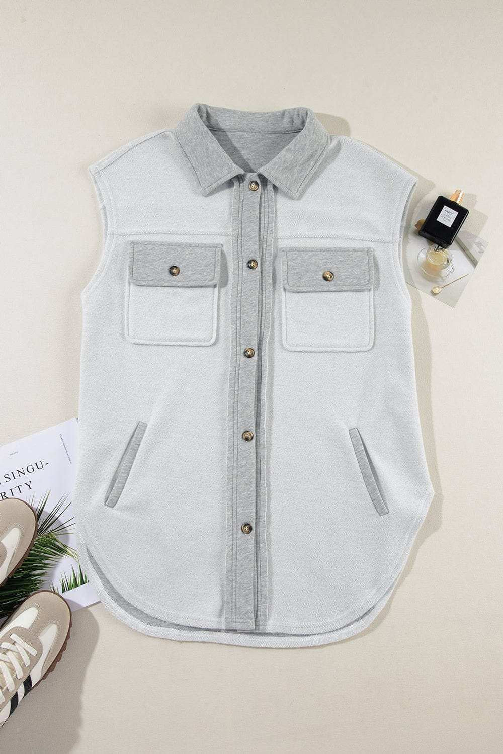 Pocketed Curved Hem Button Up Vest - Trendsi - Flyclothing LLC