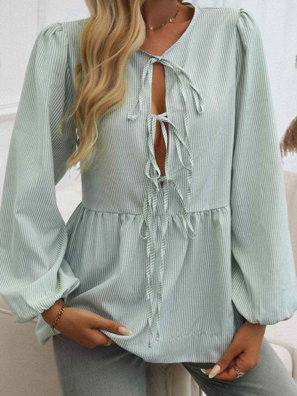 Devine Tied Striped Long Sleeve Blouse - Trendsi - Flyclothing LLC