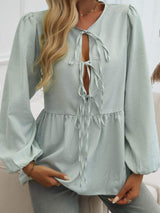 Devine Tied Striped Long Sleeve Blouse - Trendsi - Flyclothing LLC