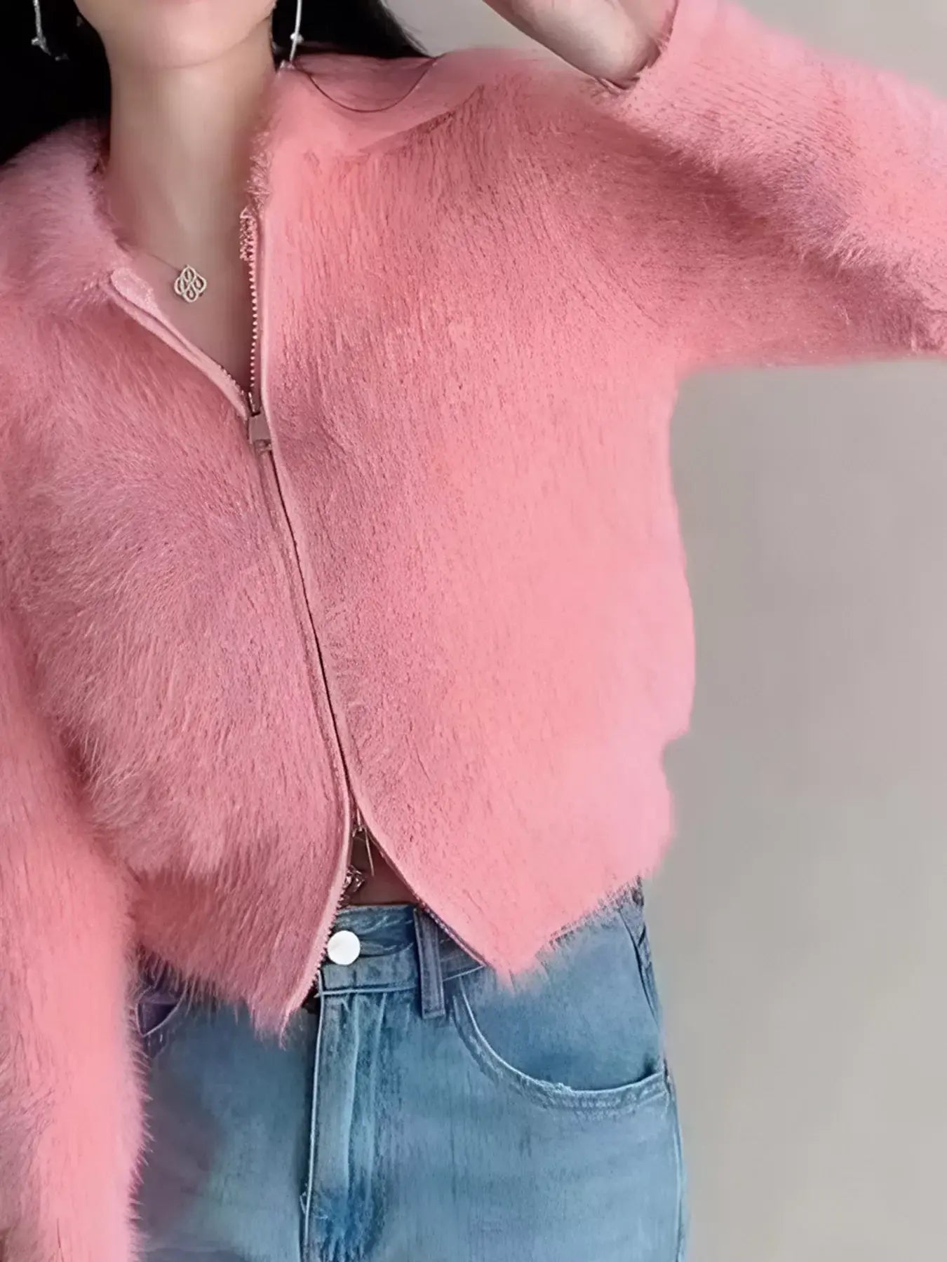 Fluffy Knit Zip-Up Outerwear - Trendsi - Flyclothing LLC