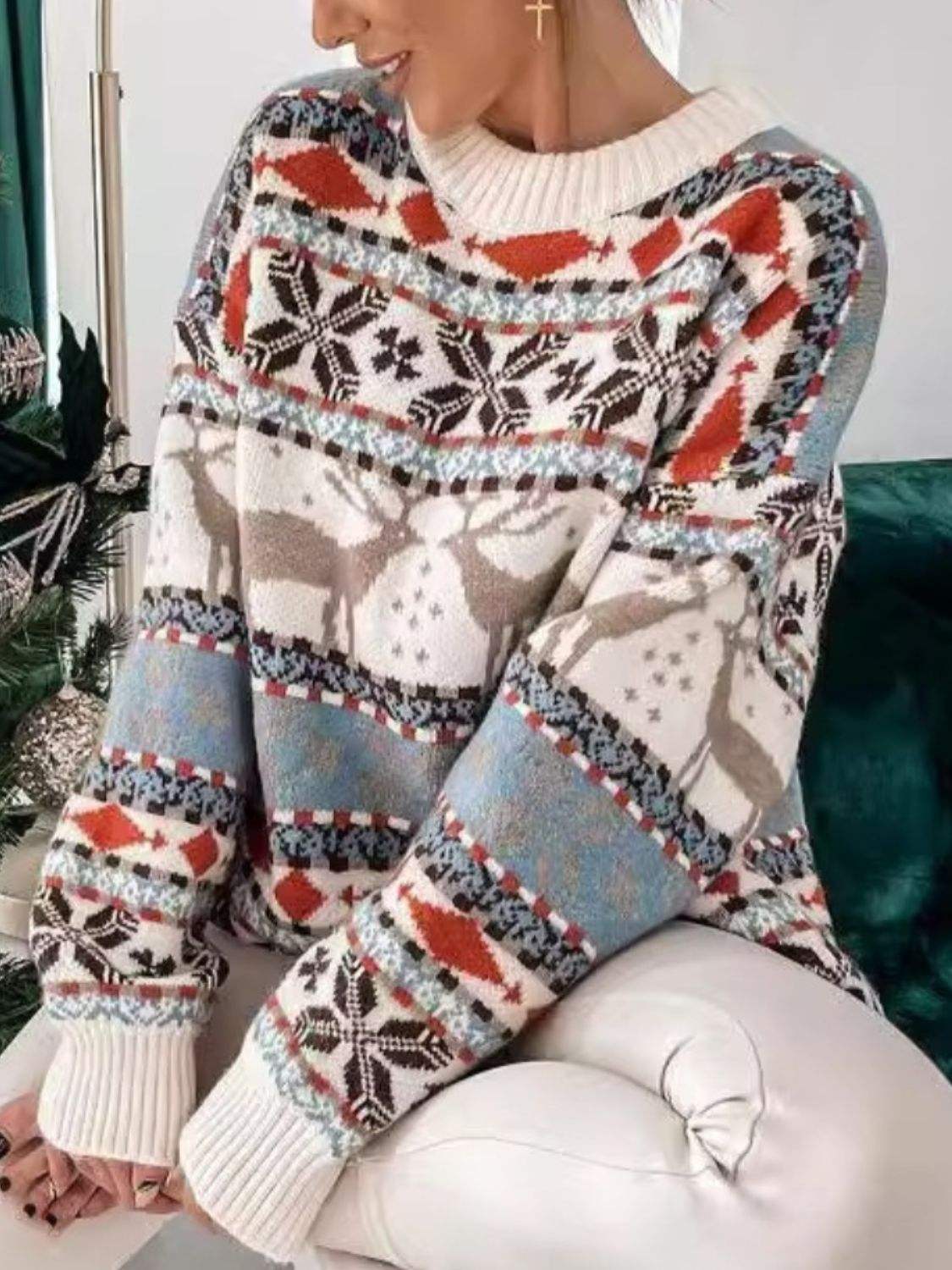 Geometric Round Neck Dropped Shoulder Sweater - Trendsi - Flyclothing LLC