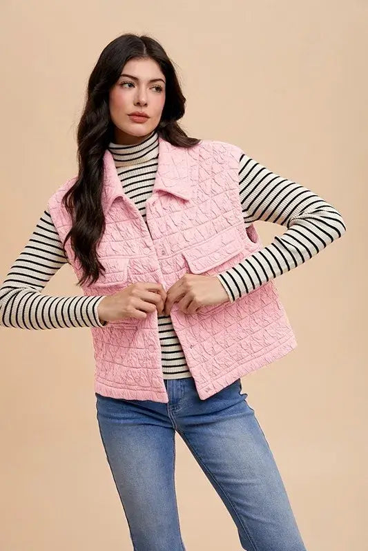 Annie Wear Texture Quilted Snap Down Vest Coat - Trendsi - Flyclothing LLC