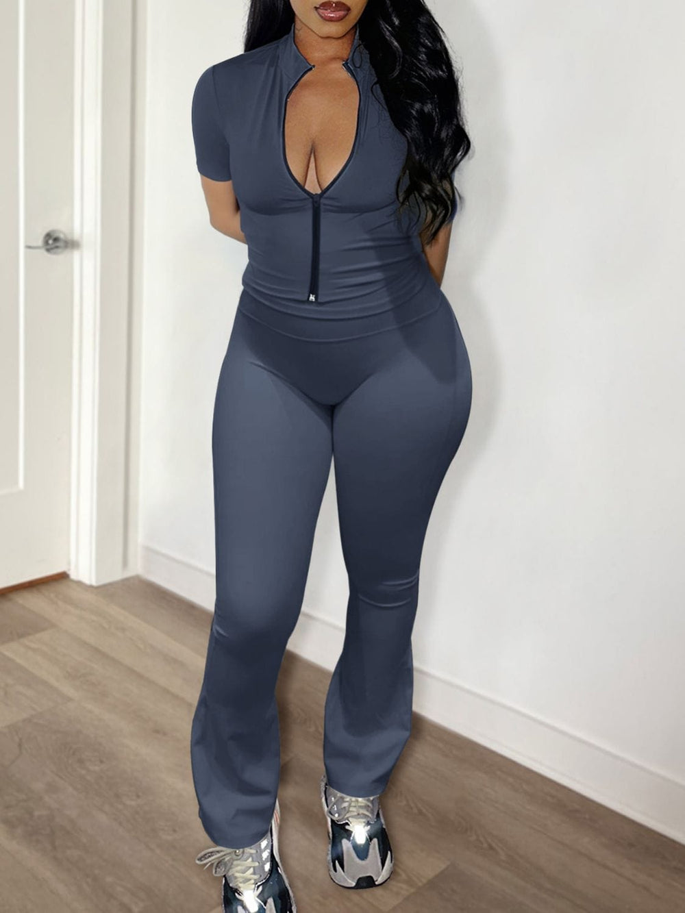 Devine Zip Up Top and Bootcut Leggings Set - Trendsi