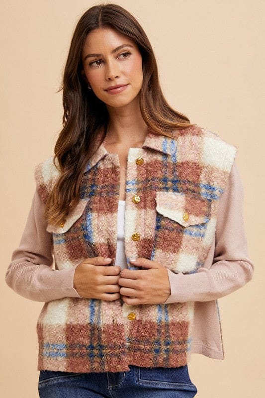 Annie Wear Faux Fur Plaid Button Up Jacket - Trendsi