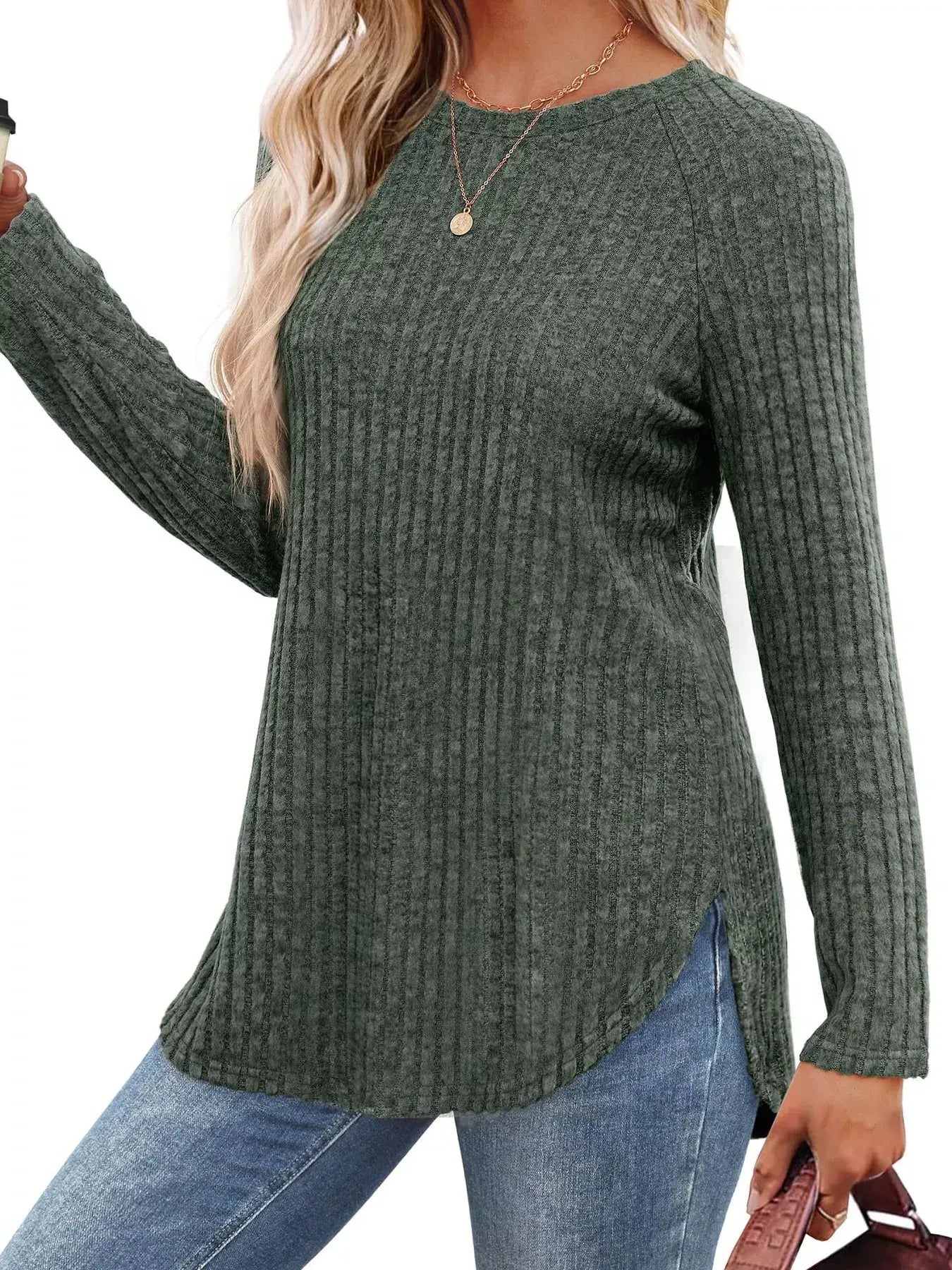 Ribbed Knit Long Sleeve T-Shirt - Trendsi - Flyclothing LLC