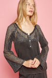 POL V-Neck Long Sleeve Lace Patch Top - Trendsi