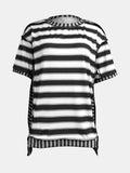 Full Size Contrast Stitching Striped Round Neck T-Shirt - Trendsi - Flyclothing LLC