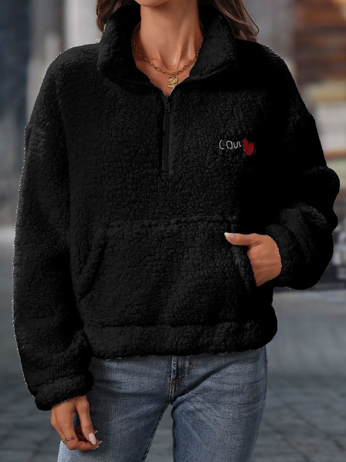 Heart Half Zip Long Sleeve Teddy Sweatshirt - Trendsi