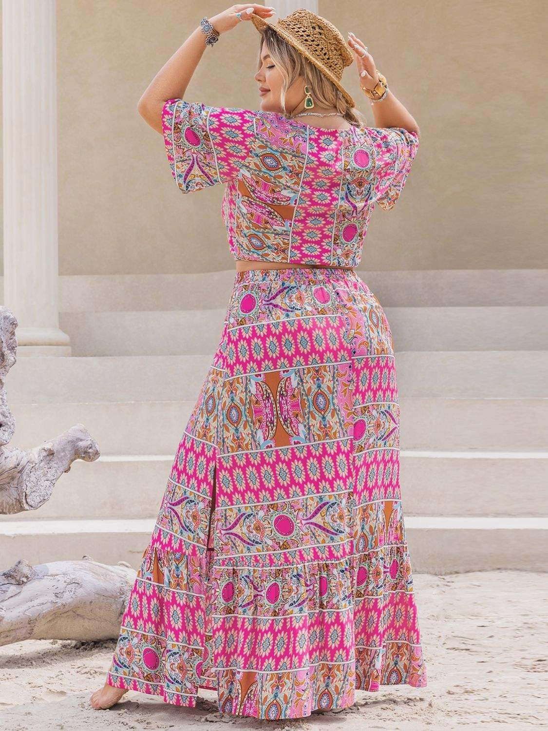 Plus Size Printed V-Neck Half Sleeve Top and Skirt Set - Trendsi - Flyclothing LLC