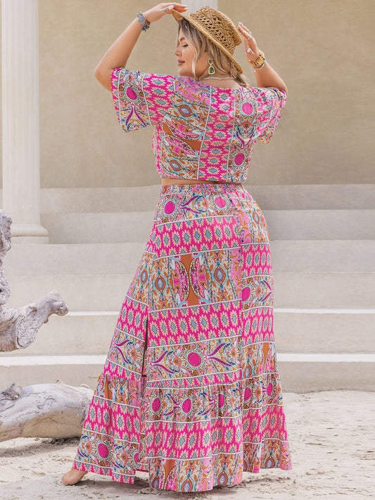 Plus Size Printed V-Neck Half Sleeve Top and Skirt Set - Trendsi