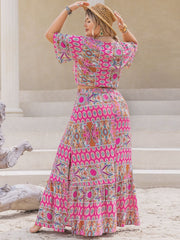Plus Size Printed V-Neck Half Sleeve Top and Skirt Set - Trendsi