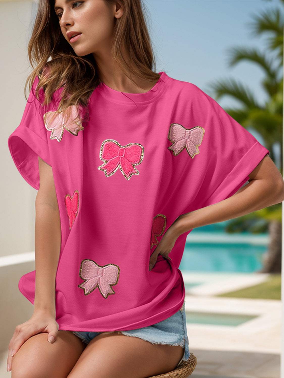Bow Round Neck Short Sleeve T-Shirt - Trendsi - Flyclothing LLC