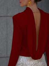 Backless Cowl Neck Long Sleeve Blouse - Trendsi - Flyclothing LLC