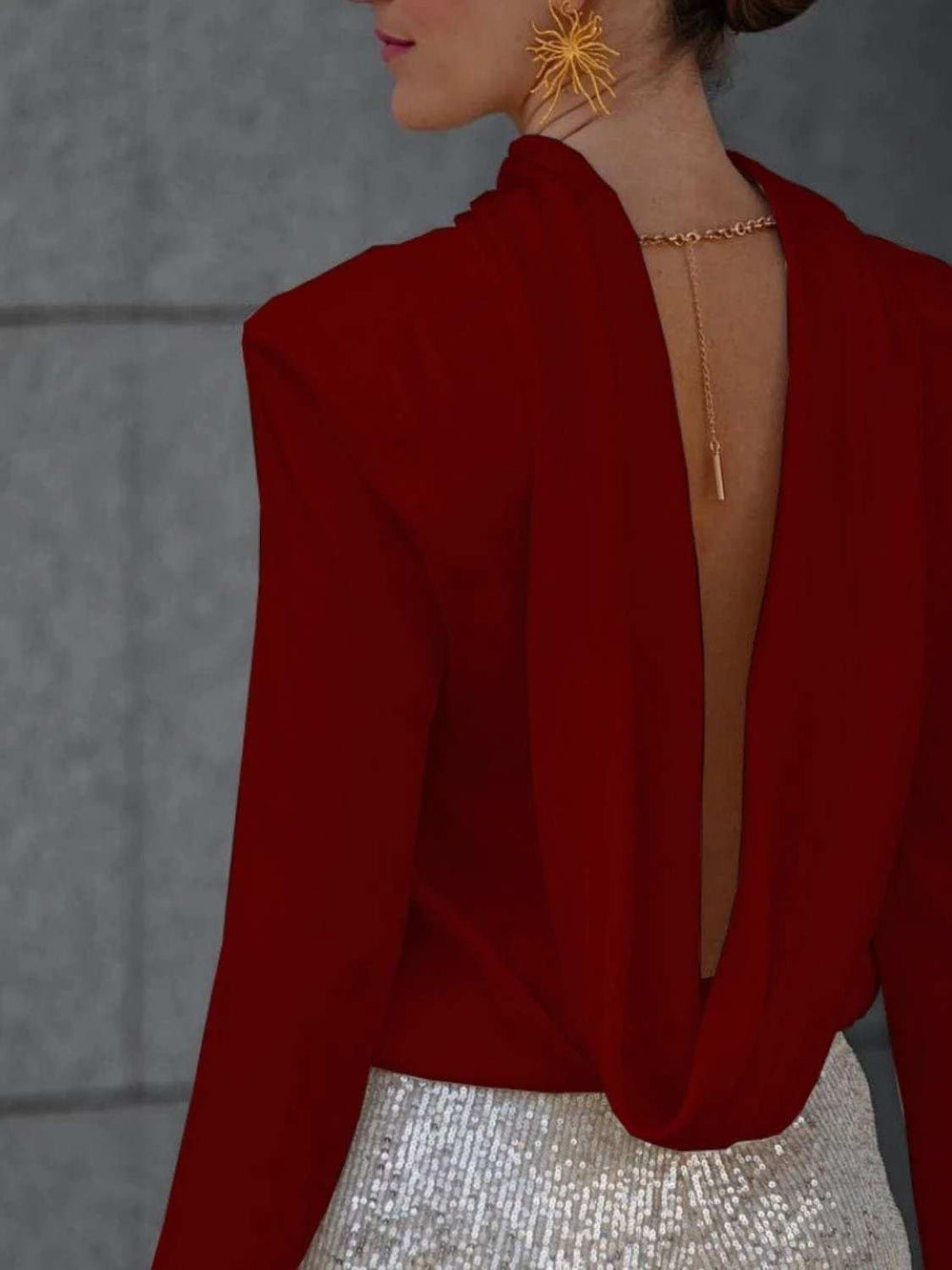 Backless Cowl Neck Long Sleeve Blouse - Trendsi - Flyclothing LLC