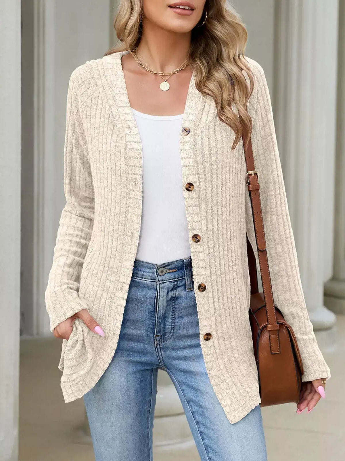 Ribbed Knit Hooded Button-Down Cardigan - Trendsi - Flyclothing LLC