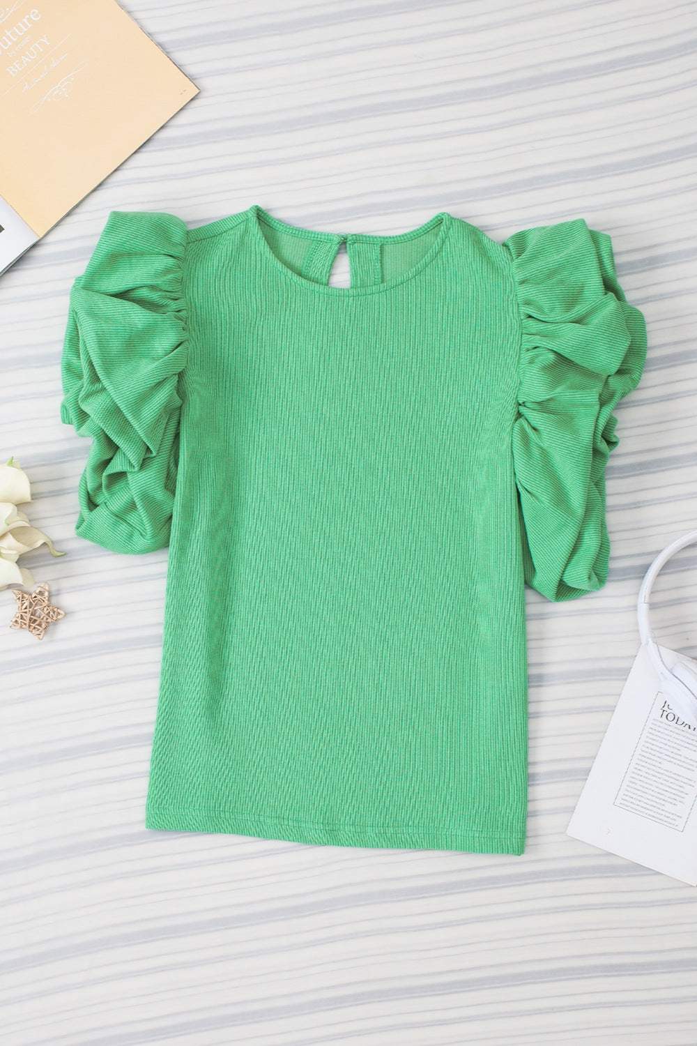 Ruched Round Neck Short Sleeve Blouse - Trendsi - Flyclothing LLC