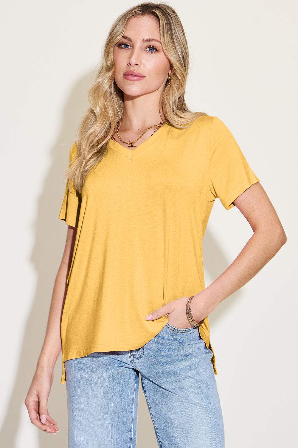 Basic Bae Bamboo Full Size V-Neck High-Low T-Shirt - Trendsi - Flyclothing LLC