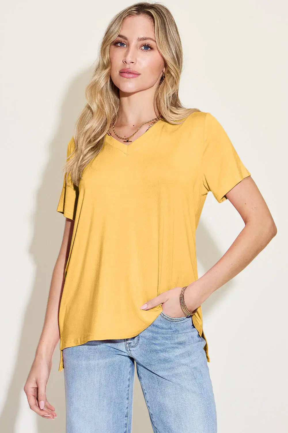 Basic Bae Bamboo Full Size V-Neck High-Low T-Shirt - ShopBasicbae - Flyclothing LLC
