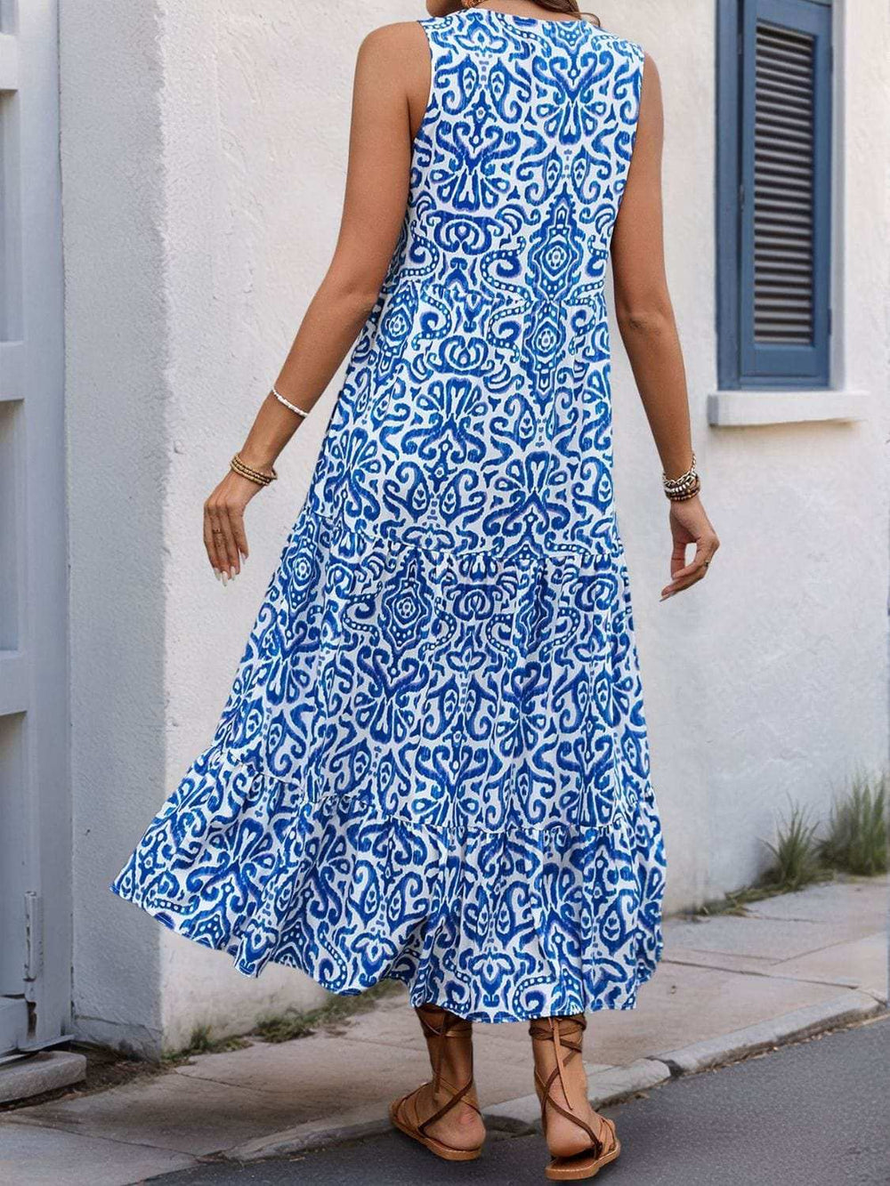Perfee Decorative Button Printed Notched Sleeveless Midi Dress - Trendsi - Flyclothing LLC