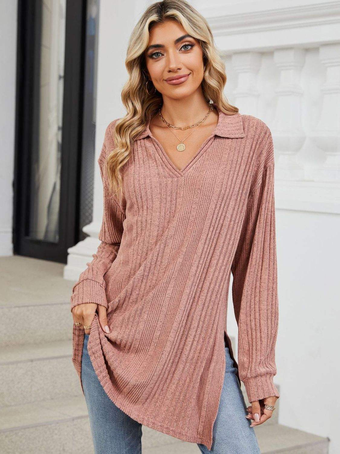 Slit Johnny Collar Long Sleeve T-Shirt - Trendsi - Flyclothing LLC