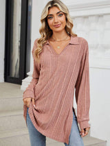 Slit Johnny Collar Long Sleeve T-Shirt - Trendsi - Flyclothing LLC