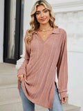 Slit Johnny Collar Long Sleeve T-Shirt - Trendsi - Flyclothing LLC