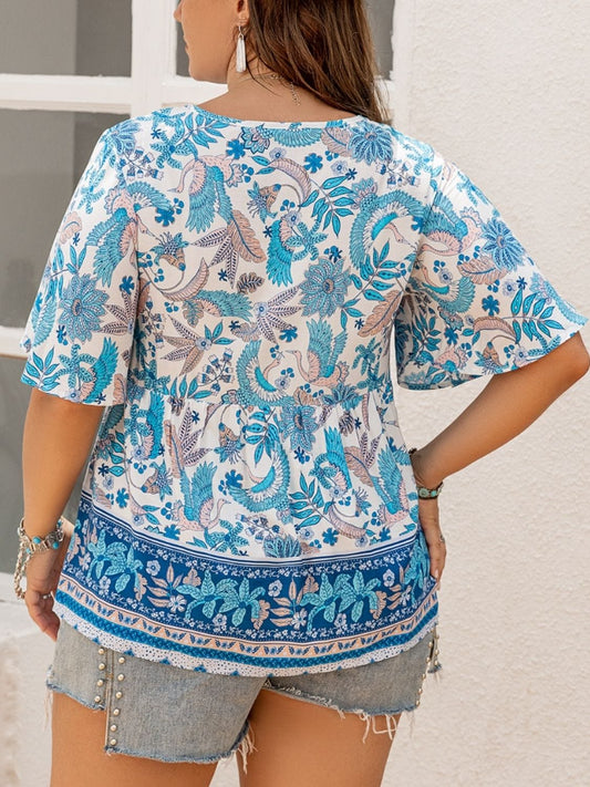 Plus Size Printed V-Neck Half Sleeve Blouse - Trendsi