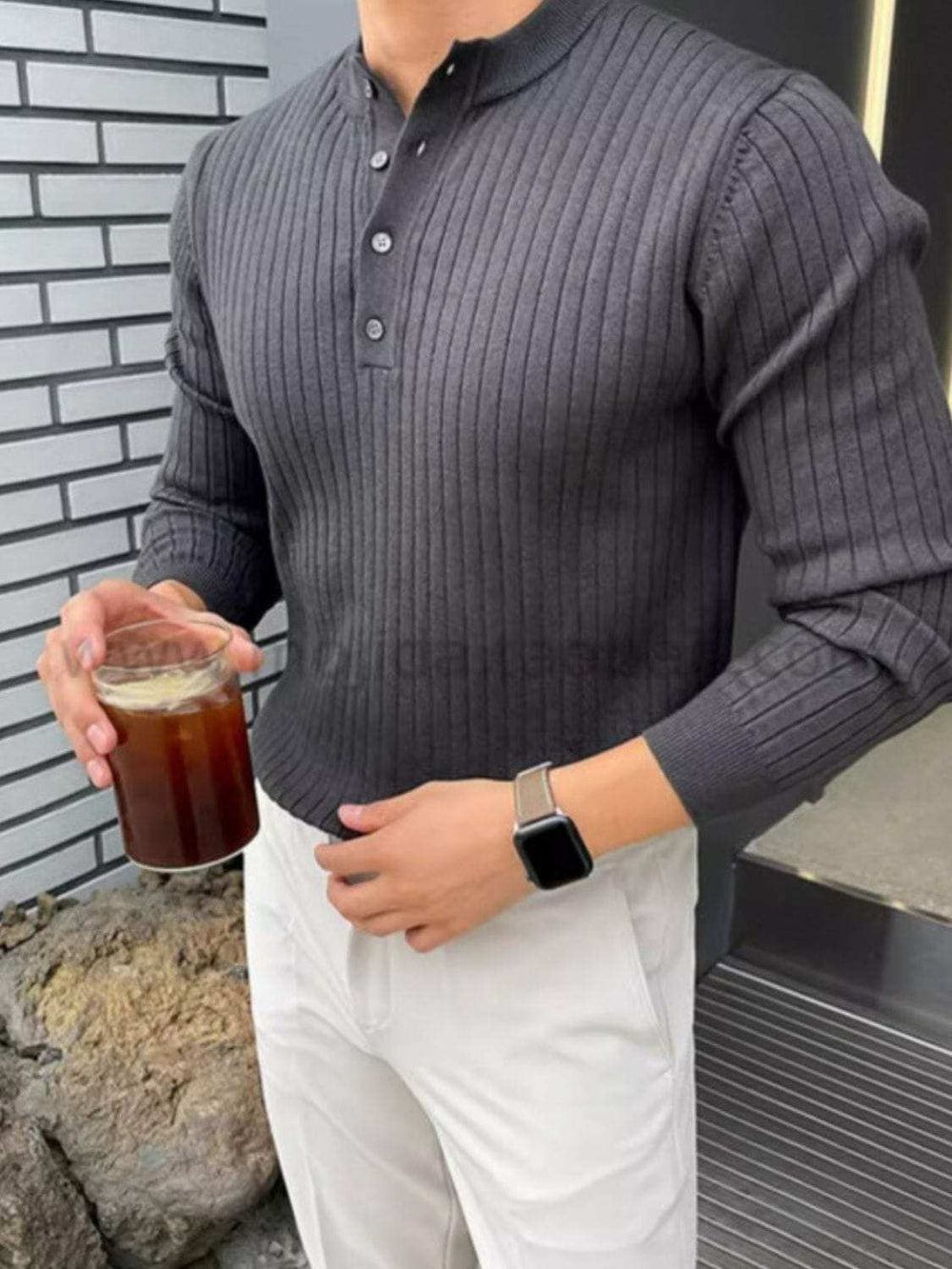 Button Detail Ribbed Long Sleeve Men's Knit Top - Trendsi - Flyclothing LLC
