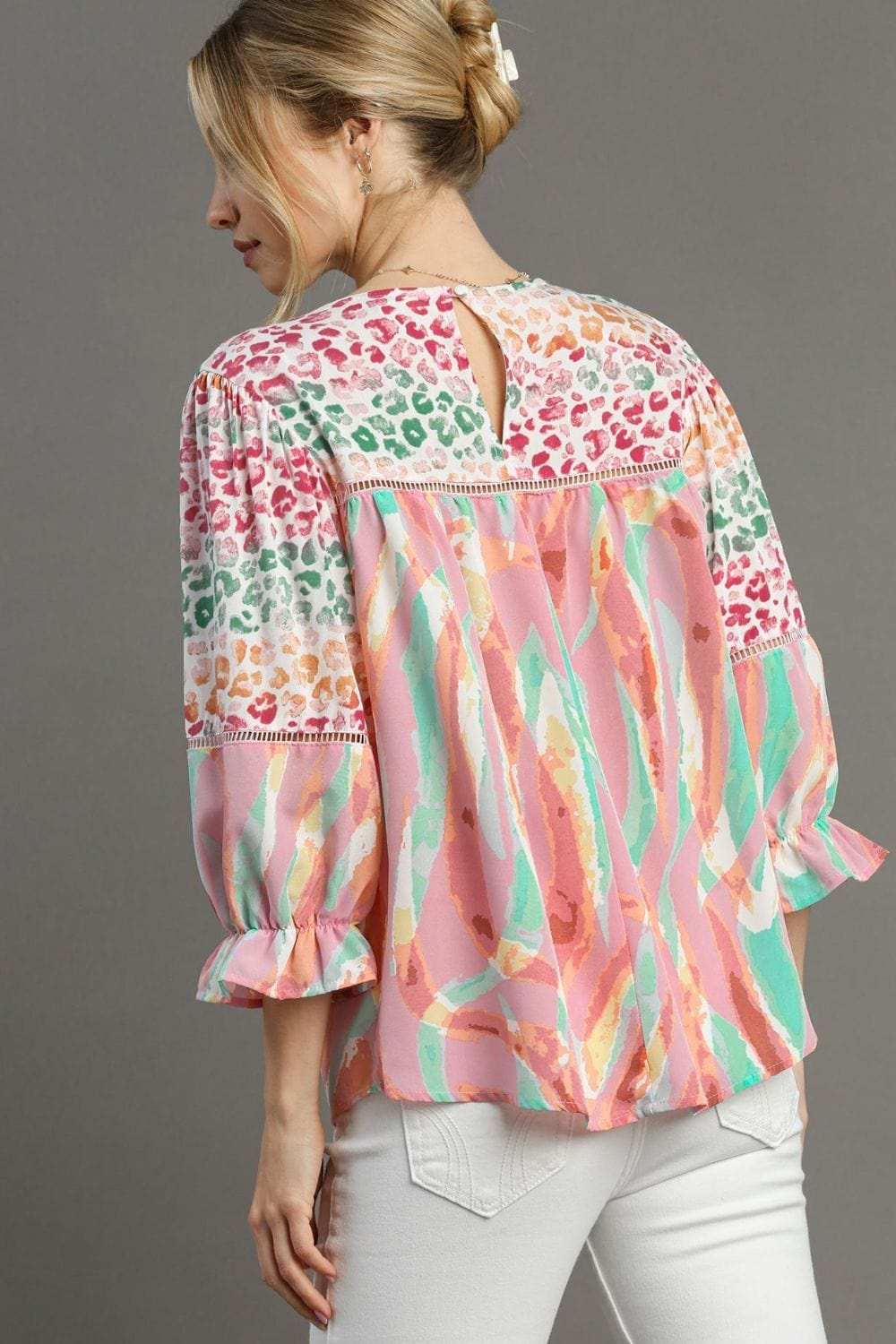 Umgee Full Size Mixed Print Lace Trim Top Plus Size - Trendsi - Flyclothing LLC