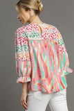 Umgee Full Size Mixed Print Lace Trim Top Plus Size - Trendsi
