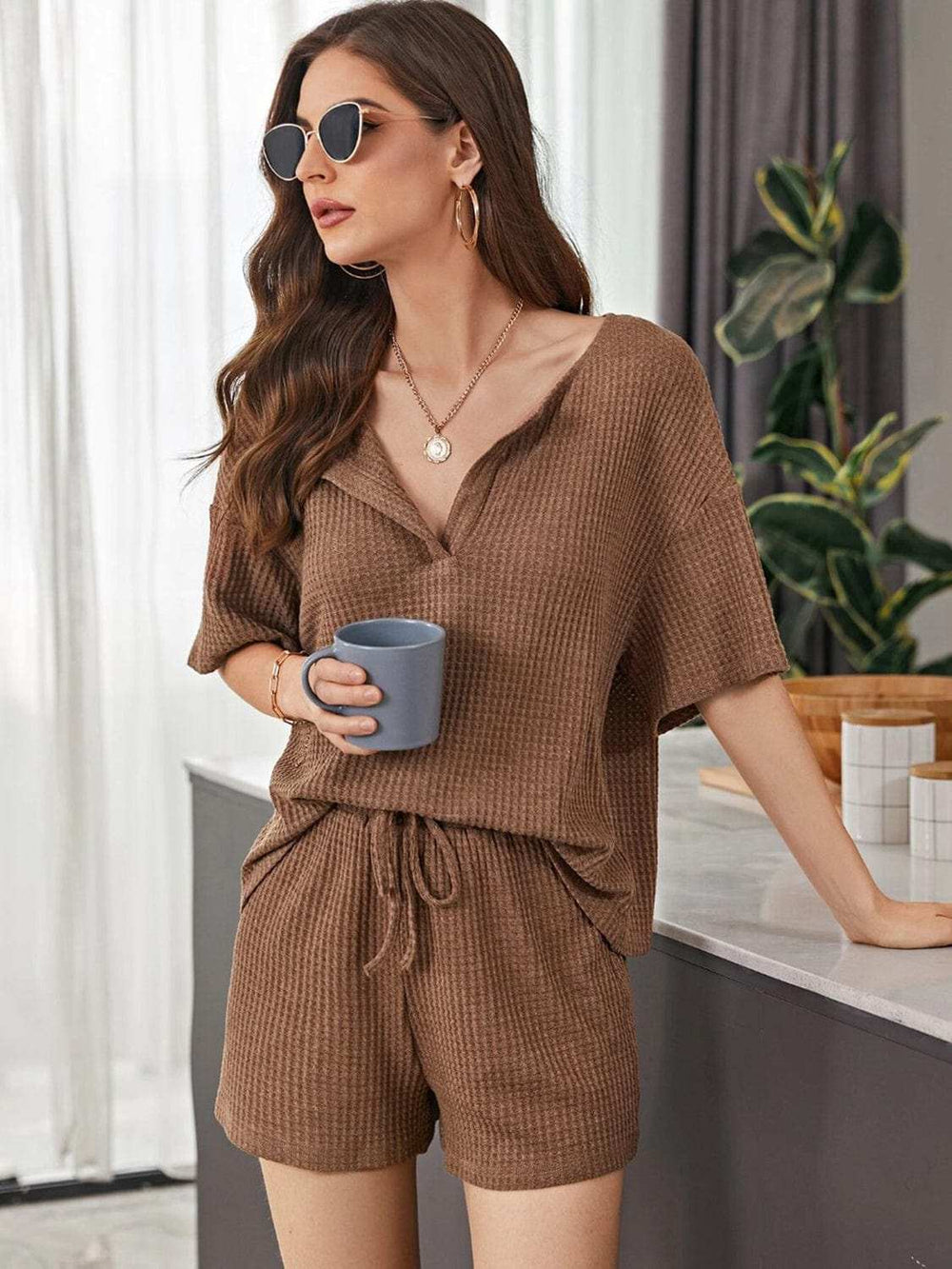 Full Size Waffle-Knit Dropped Shoulder Top and Shorts Set - Trendsi - Flyclothing LLC