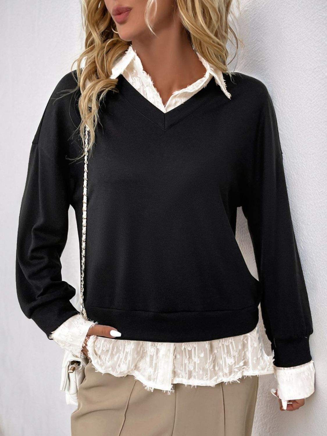 Perfee Faux Layered Contrast Long Sleeve Sweatshirt - Trendsi - Flyclothing LLC