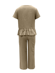 Peplum Round Neck Short Sleeve Top and Pants Set - Trendsi