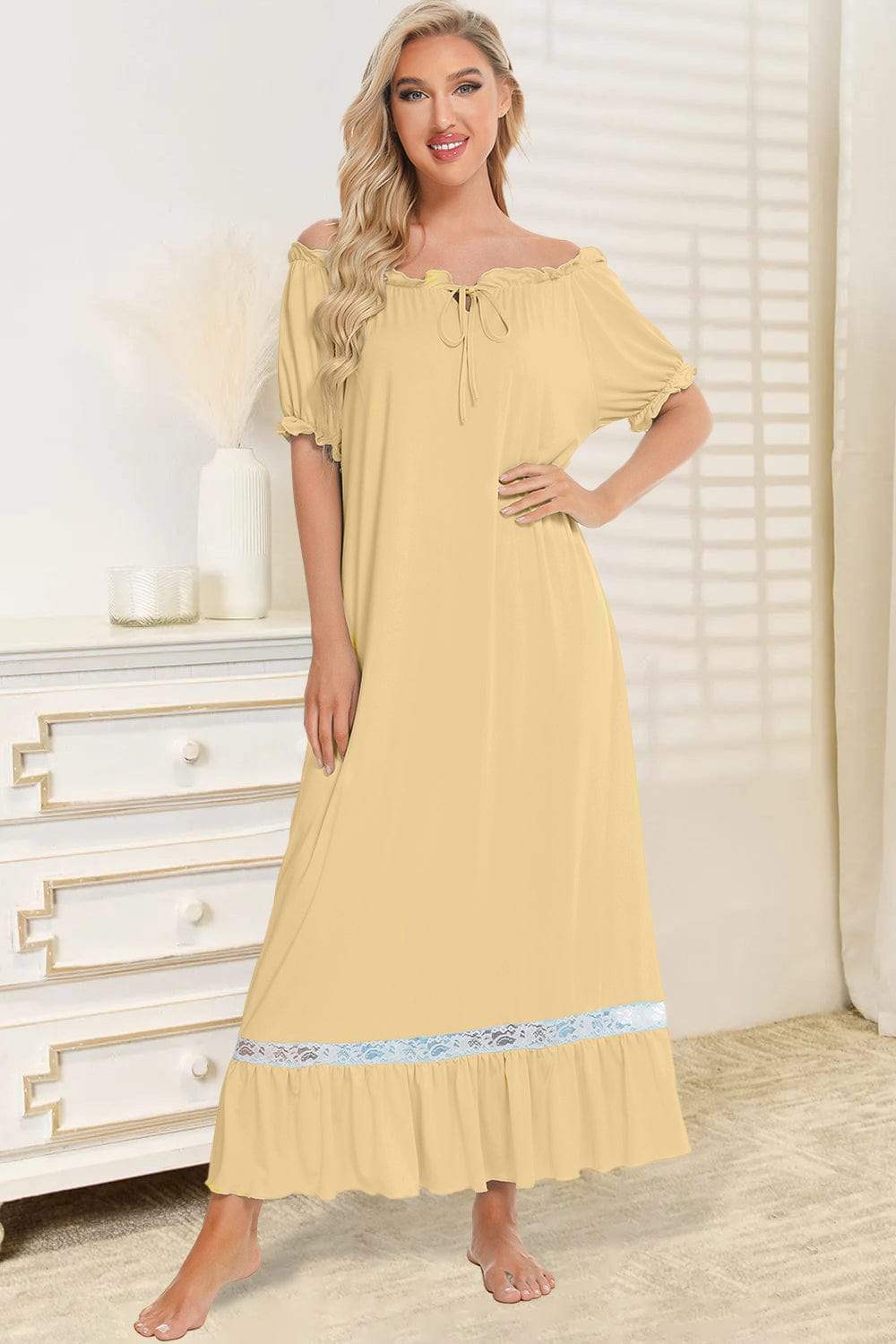 Lace Detail Short Sleeve Lounge Dress - Trendsi - Flyclothing LLC