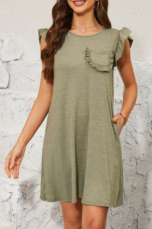 Pocketed Ruffled Cap Sleeve Mini Dress - Trendsi