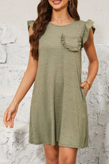 Pocketed Ruffled Cap Sleeve Mini Dress - Trendsi
