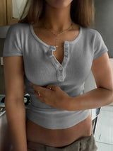 Ribbed Button Detail Round Neck Short Sleeve T-Shirt - Trendsi - Flyclothing LLC