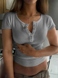 Ribbed Button Detail Round Neck Short Sleeve T-Shirt - Trendsi - Flyclothing LLC